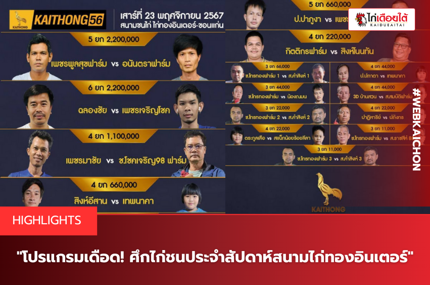 โปรแกรมเดือด! ศึกไก่ชนประจำสัปดาห์สนามไก่ทองอินเตอร์.